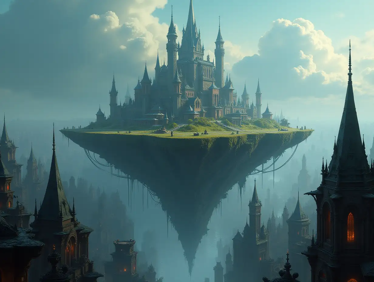 A world of Fantasy Cyberpunk with a floating island in the middle in the city