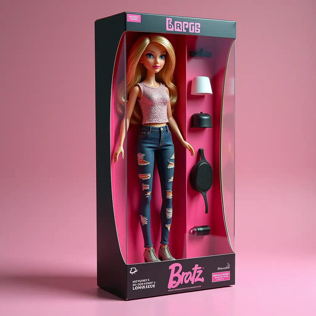 Create a collectible action-figure of a person - As an expensive toy in packaging. Style: as realistic as possible, like for advertising or storytelling (aspect ratio 9:16) Main: this is a 3D doll in the style of Bratz, made of soft touch plastic. The character - full height, repeats the appearance and outfit from the first photo. Copy every detail: hairstyle, lips, eyes, facial features and proportions. Clothing - exactly as on the first photo, with an emphasis on style and textures. The doll lies in a plastic recess that repeats its silhouette. Packaging: box style is modern. The box: transparent plastic in front, cardboard back. Colors.... At the top of the box should be the name of the character ... - letters embossed and engraved on the box. Accessories inside the box: spread out next to the doll by their places in separate cells: ... Accessories are as photo-realistic and detailed as possible, miniature versions. Keyword: style, visual and detailing - like a premium collectible toy.