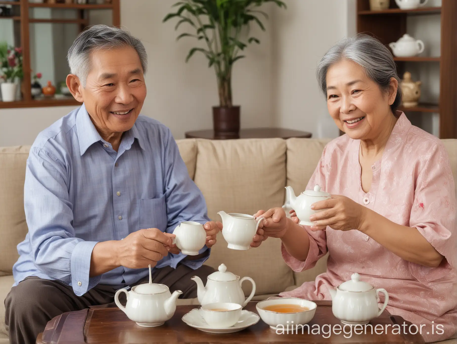 Asian elderly couple having tea in the living room, happy expression