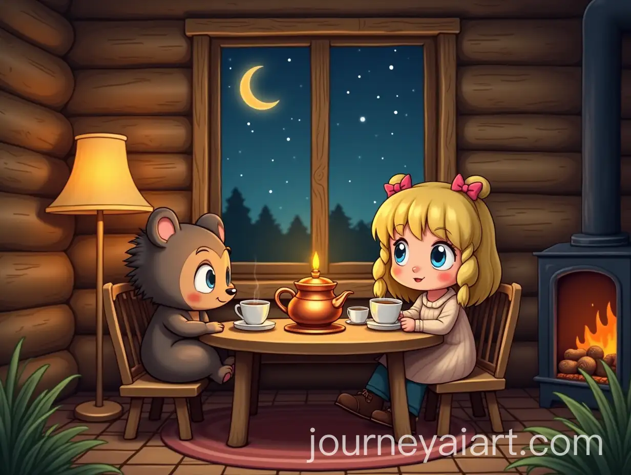 Baby-Bear-Baby-Hedgehog-and-Little-Girl-Enjoying-Tea-in-a-Cozy-Log-Hut