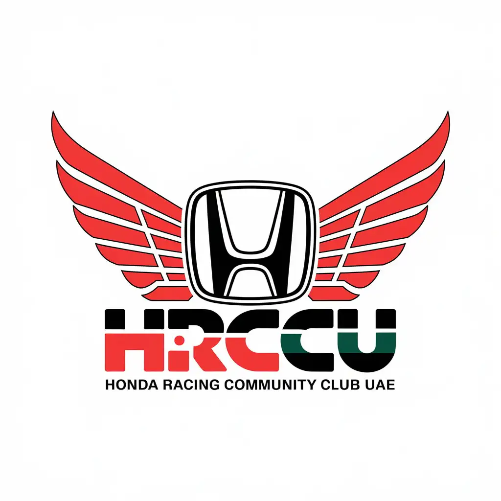 a vector logo design,with the text "HONDA RACING COMMunity CLUB UAE", main symbol:Honda H and old honda wings with UAE flag color. HRCCU must be written in the design of HRC. Also include jappan flag color as well,Moderate,be used in Automotive industry,clear background