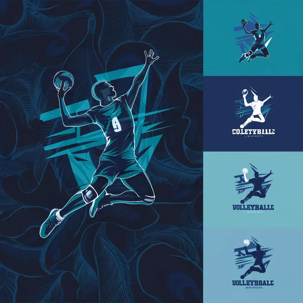 LOGO Design For Volleyball Dynamic Player Silhouette in Navy Blue Teal and Light Blue