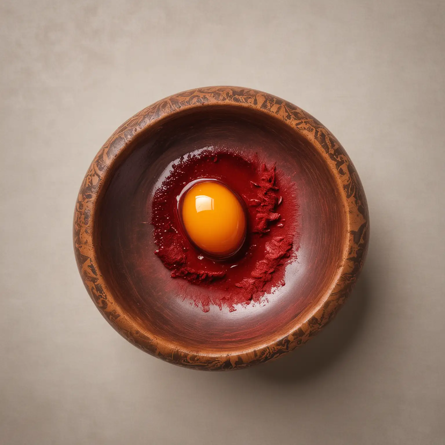 Top-View-of-Traditional-Chinese-Painting-Materials-Red-Pigment-Bowl-with-Egg-Yolk