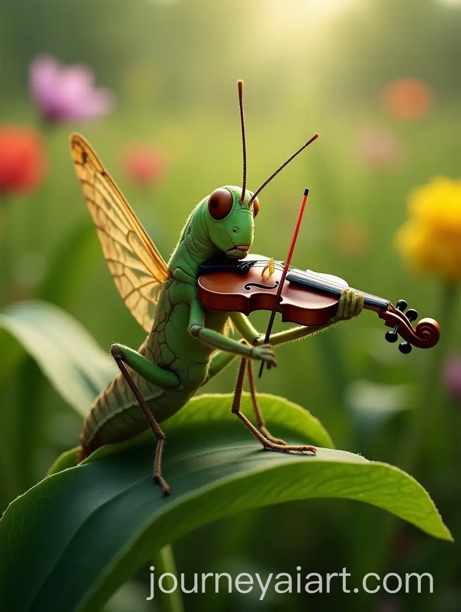 Realistic-Grasshopper-Playing-Violin-on-a-Leaf-in-a-Vibrant-Meadow