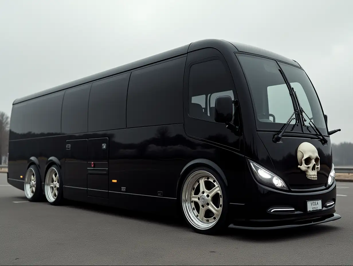 Supermodern utopian sports Bus black Sport execution ,with skull, lowered chassis, 18-inch wide wheels, aluminum rims, cream silver Cyberpunk.