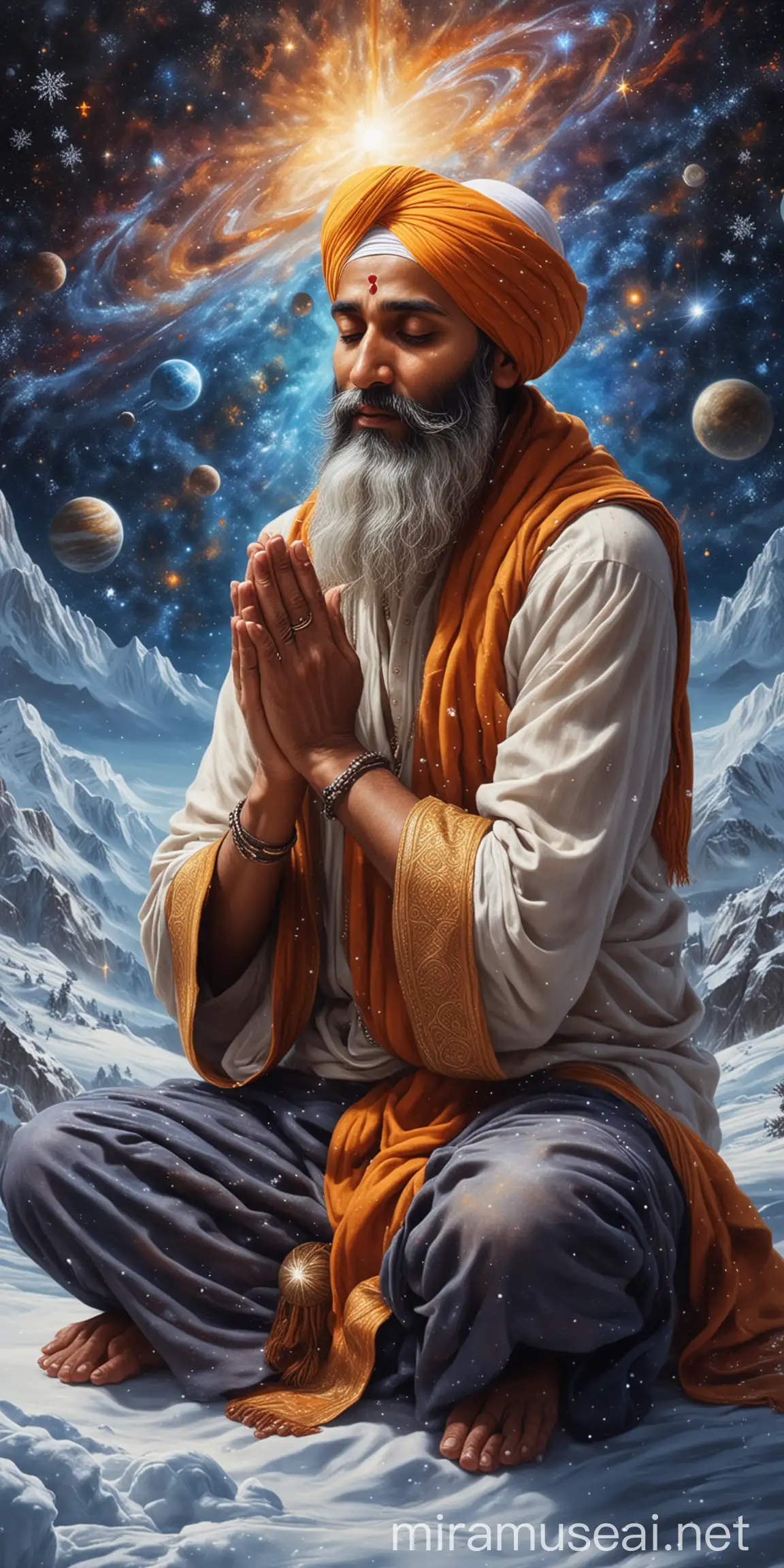 Sikh Man Praying in the Universe with Divine Lights