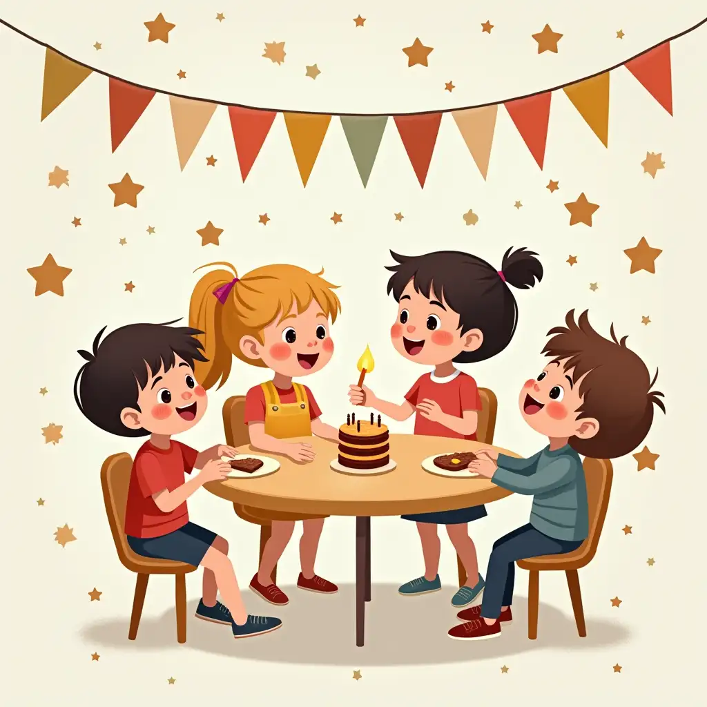 Illustration of children at the end and beginning of the year party