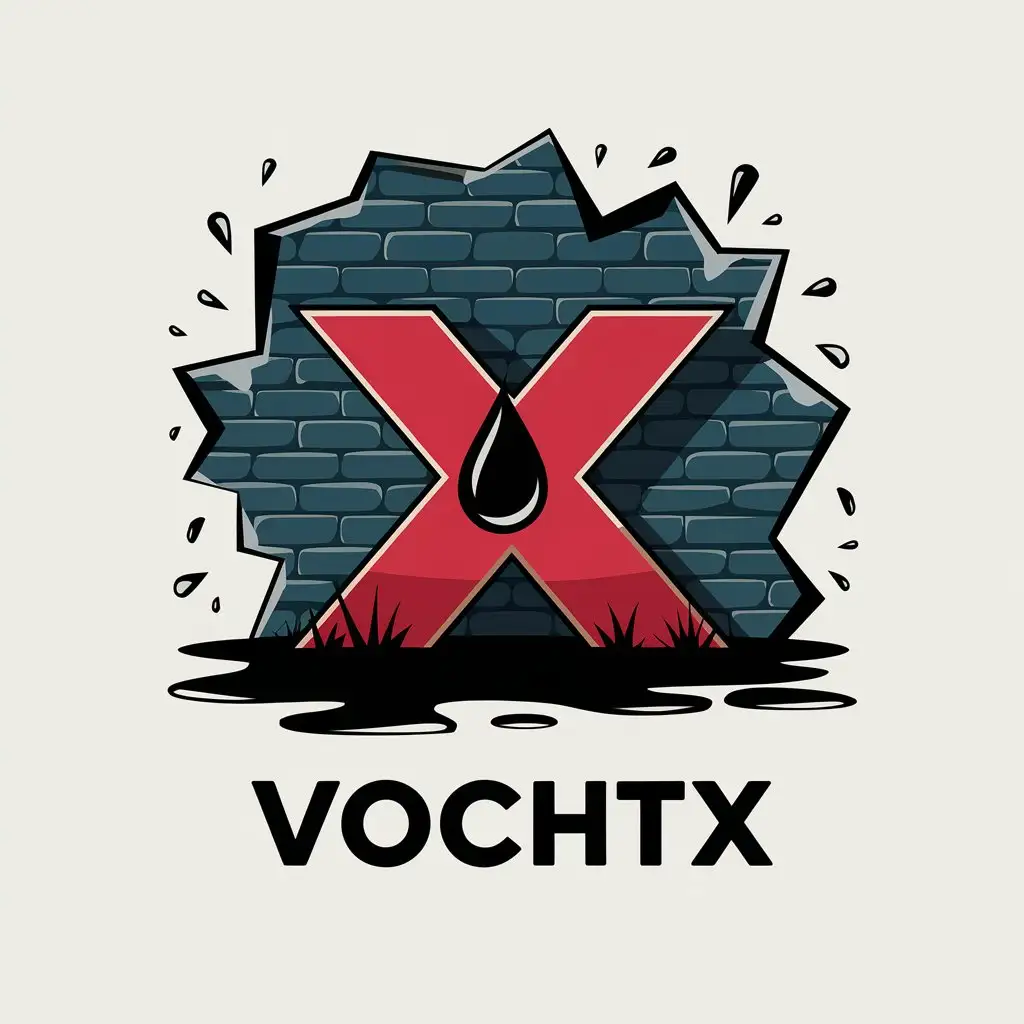 LOGO Design for VochtX Broken Wet Wall with Red X and Waterdrop Symbolism