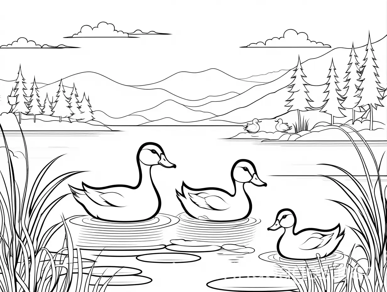 lake with mum and babies ducks outline easy color page for kids, Coloring Page, black and white, line art, white background, Simplicity, Ample White Space. The background of the coloring page is plain white to make it easy for young children to color within the lines. The outlines of all the subjects are easy to distinguish, making it simple for kids to color without too much difficulty