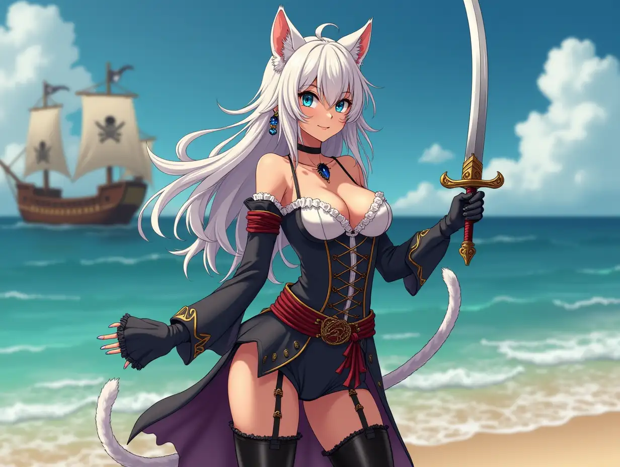 A mature adult feline/woman dressed as a pirate with a sword on a beach.  A pirate ship in the background. Her 30-something years are disguised by her youthful facial features, except for her subtle wrinkles around the eyes, extremely slender body. Her ample bosom strains against her clothing, threatening to burst free from the fabric, extreme cleavage.  Wearing black thigh high pirate boots. She has piercing blue cat eyes. A choker adorns her neck, a subtle hint at her feline nature. Her long, white hair cascades down her back like a wild waterfall, tangled and disheveled. Her cat-like teeth glint in the light, as her white fur-lined ears punctuate her visage with sparkling black and gold earring adorns each ear, adding a touch of elegance to her feline features. Cat whiskers on her face. The attached tail at the base of her spine stirs lazily.  Long fingernails. Full body view. Anime.