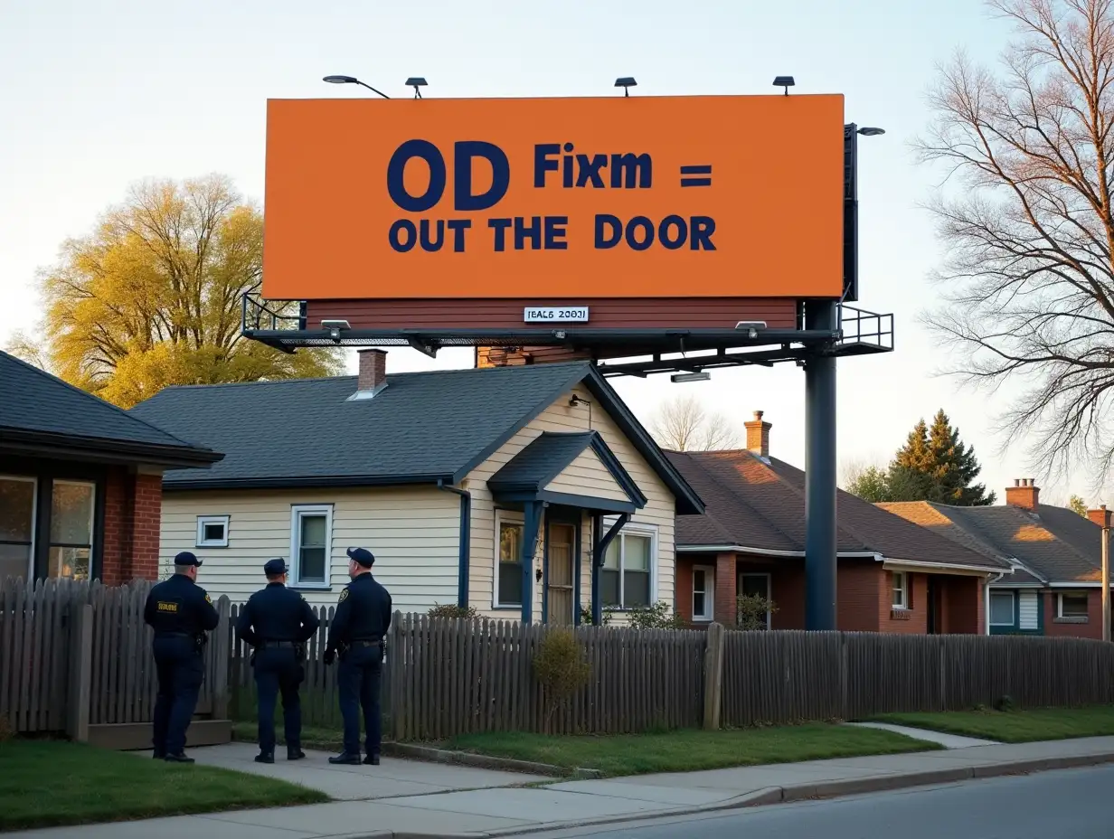 Billboard that says OD Firm = Out the Door, in navy blue text with an orange background, Above a chicago bungalow that is the scene of an active eviction where a tenant is being evicted and being escorted out of the house by sheriff's Department