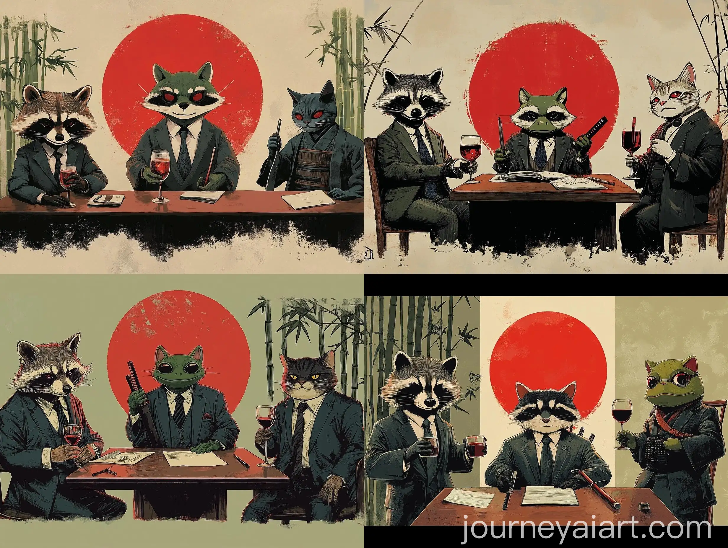 Business-Raccoon-Samurai-Frog-and-Office-Cat
