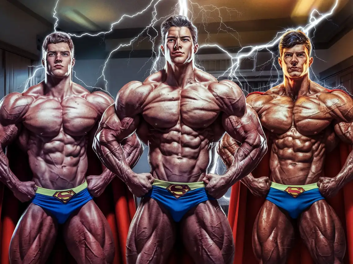 Three 18-year-old supernaturally beautiful, muscled college jocks stand together in their dorm room, gazing with determination and performing bodybuilding poses. Lightning bolts are striking and supercharging their hugely pumped and defined muscles. Receiving awesome superpowers. Becoming Supermen. Skintight Superman uniforms. Massively broad shoulders. Hugely pumped powerful pecs. Powerfully pumped chests, biceps, and shoulders. Massively pumped quads. Superhuman strong muscles. Profoundly powerful sapphire Supermen. Photorealistic. Violent lightning. Vibrant use of color. High contrast lighting. Powerfully electric atmosphere. Intense blue electric Superman muscles.