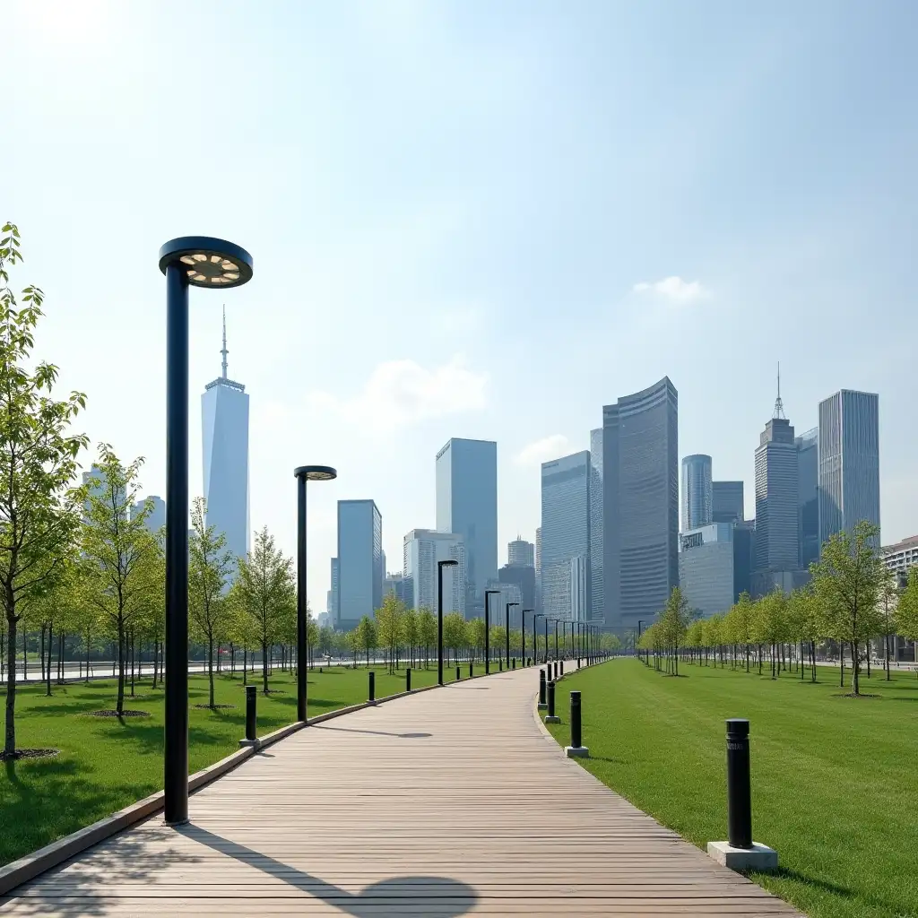 Urban-Park-Walkway-with-Modern-Lamp-Posts-and-Skyscraper-Skyline