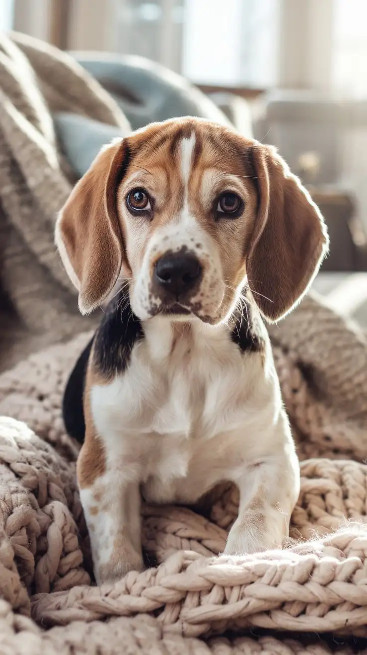 Beagle-Puppy-Barnaby-Sitting-on-Cozy-Knitted-Blanket-in-Sunlit-Living-Room