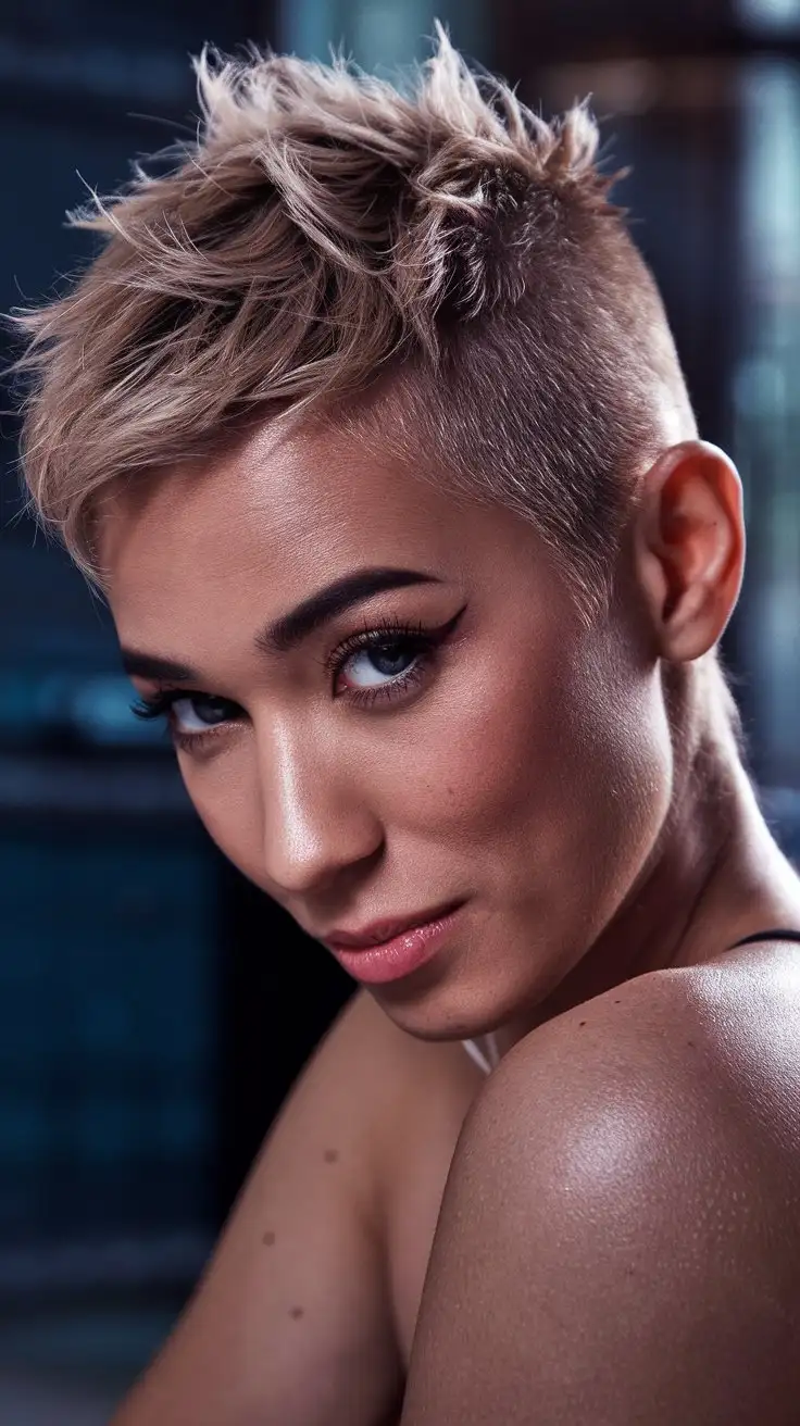 CloseUp-Portrait-of-Confident-Woman-with-Textured-Crop-Buzz-Cut-in-Urban-Chic-Studio