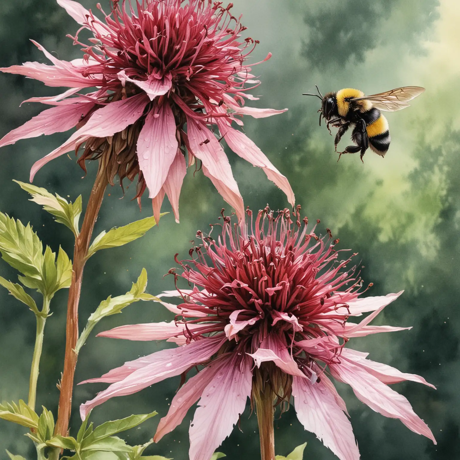 Watercolor-Painting-of-a-Bumblebee-on-Monarda-Blossoms