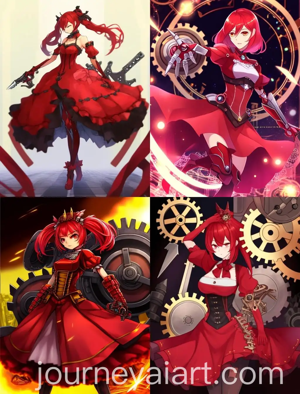 RedHaired-Female-Character-with-Mechanical-Arms-in-a-Stylish-Red-Dress