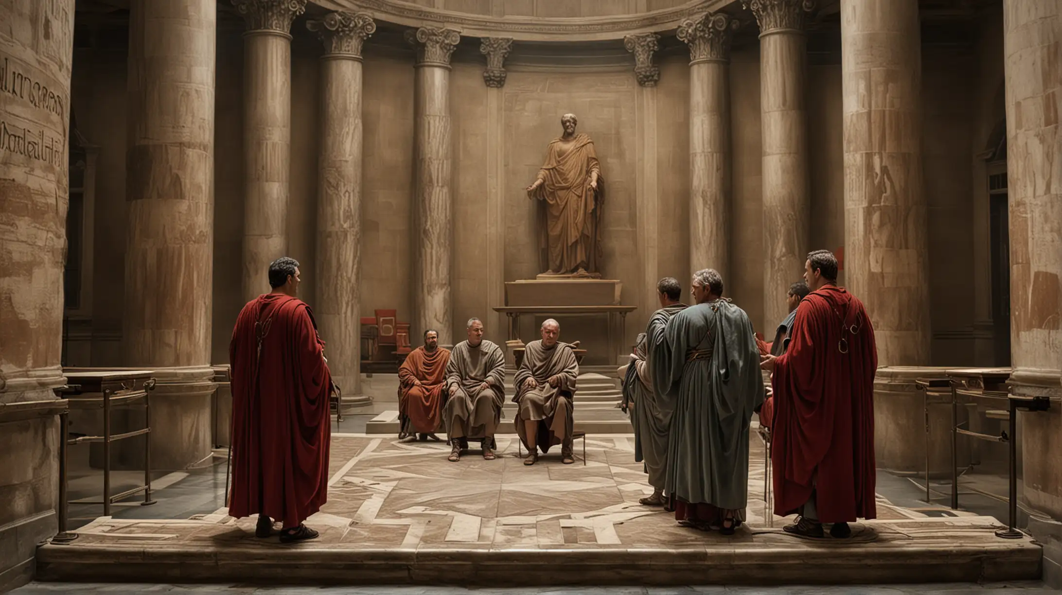 Ancient Roman Senators in Robes with Empty Senate Chamber