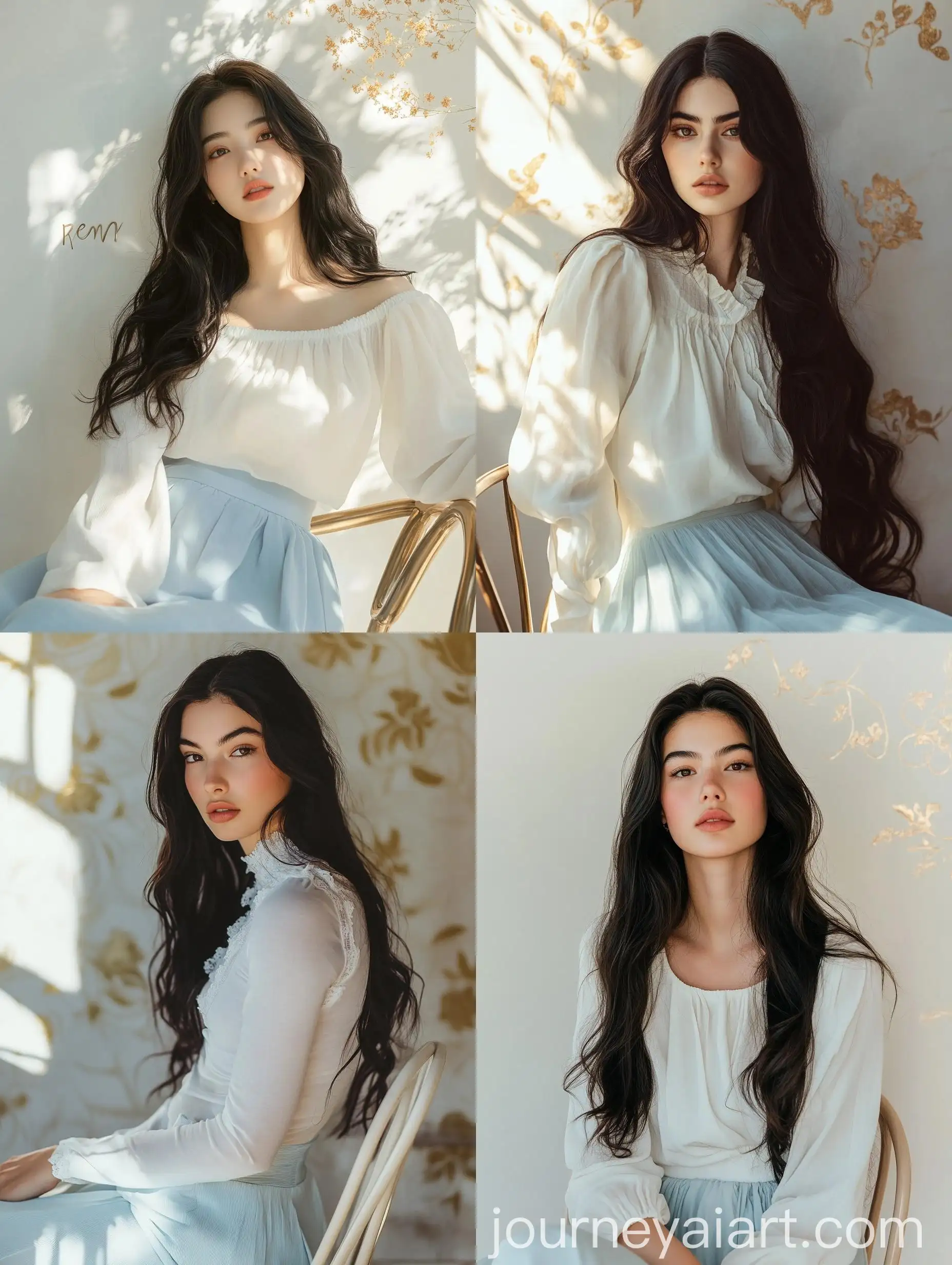 Young-Woman-in-Elegant-White-Blouse-and-Blue-Skirt-Sitting-on-Modern-Chair