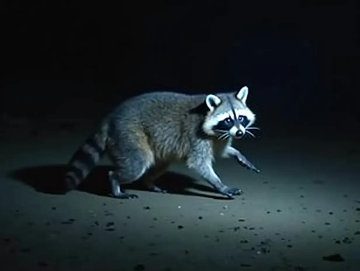 In the final video, a raccoon will run to the camera, illuminated by white electric light. In each of its movements, there will be a feeling of Russian style.