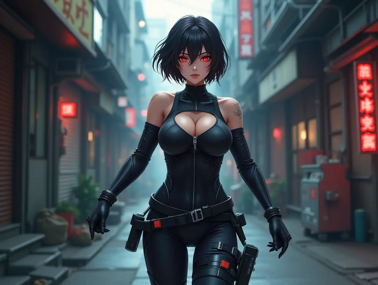 Short hair, mature Asian woman thief cyber runner in a dynamic full-length pose, eyes with red electronic pupils, large breast, extreme skintight body glove zipped down with cleavage, combat boots and combat belt. Full view of her body from boots up, low wide angle. Future store filled city alley street. Anime