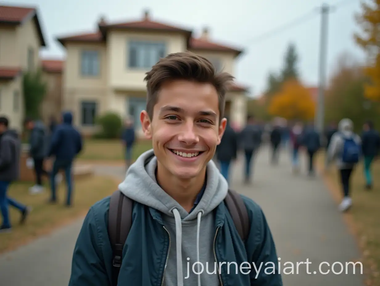 Student-with-a-Bright-Future-in-Front-of-a-Beautiful-Home-Amidst-Urban-Struggles