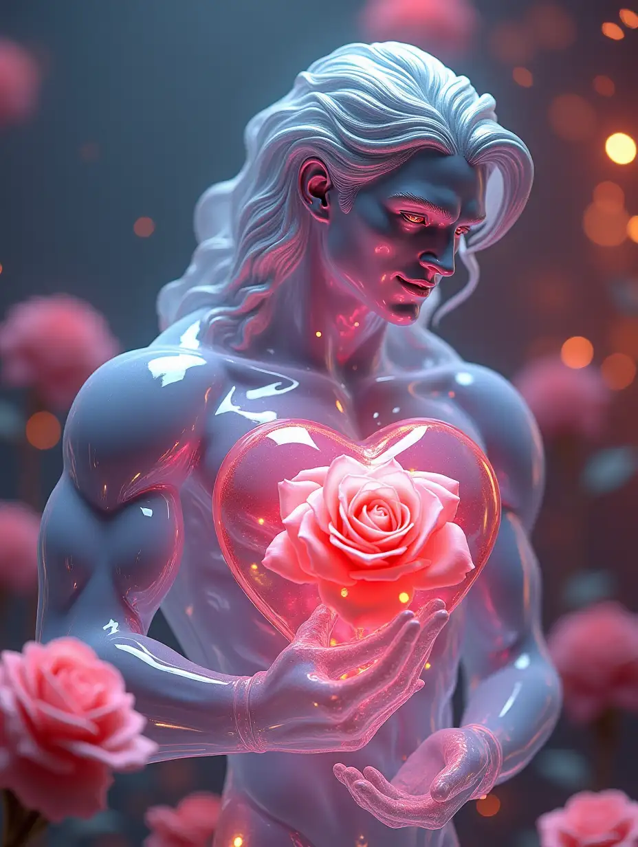 Close up Illustration of a glamorous 3d male  gloss very transparent glass sculpture full length,a beautiful heart shines through inside, long  curly hair,sports  sexy body,smile ,beautiful face , wink  eye,muscular mythical hero, hold on hand  beautiful  rose,with complex design and many details, surrounded by alien  flowers, bright fantasy colors, Surrealism, Macro Shot, Detailed Rendering, inspired by the works of advertising illustrators, Octane render,  dinamic fire Bokeh Effect ,opal overlay,lava plasma bokeh