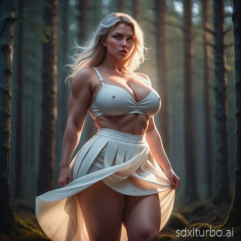 RAW, 8K HDR, Hyperrealistic, cinematic composition, A Scandinavian woman, beautiful, pretty eyes, white glow, busty and athletic chiseled frame signifying beauty and power, voluptuous curves embodying feminine charm and allure, intricately designed battle skirt faintly flowing in the breeze, exposing her curves, deep cleavage bringing attention to her immense perky breasts, thicc and strong defined legs showcasing strength and woman seduction, she is in serene and stoic pose while the light glistens over further emphasizing the details of her whole form, in the Nordic forest, ethereal glow of light, cool atmosphere