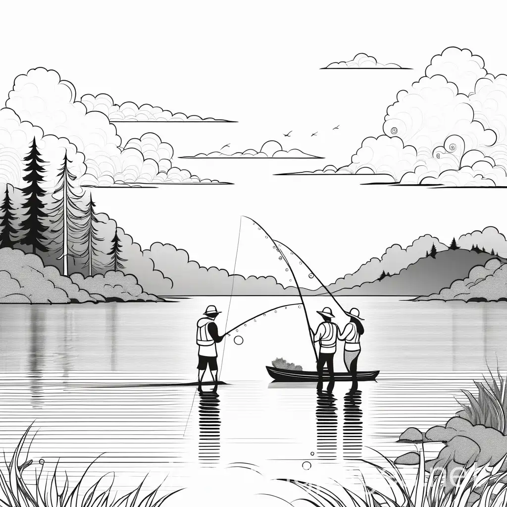 couple fishing, Coloring Page, black and white, line art, white background, Simplicity, Ample White Space
