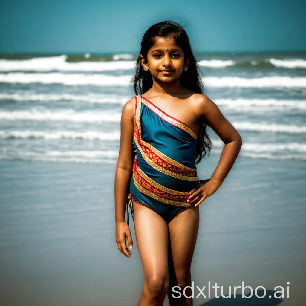 Indian-Girl-in-Sari-Swimsuit-Enjoying-Beach-Sunset