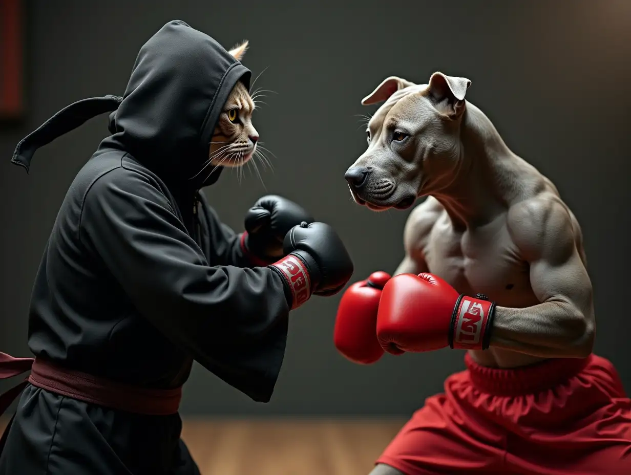 Kung-Fu-Cat-vs-Playful-Pitbull-Boxer-in-Dojo-Showdown