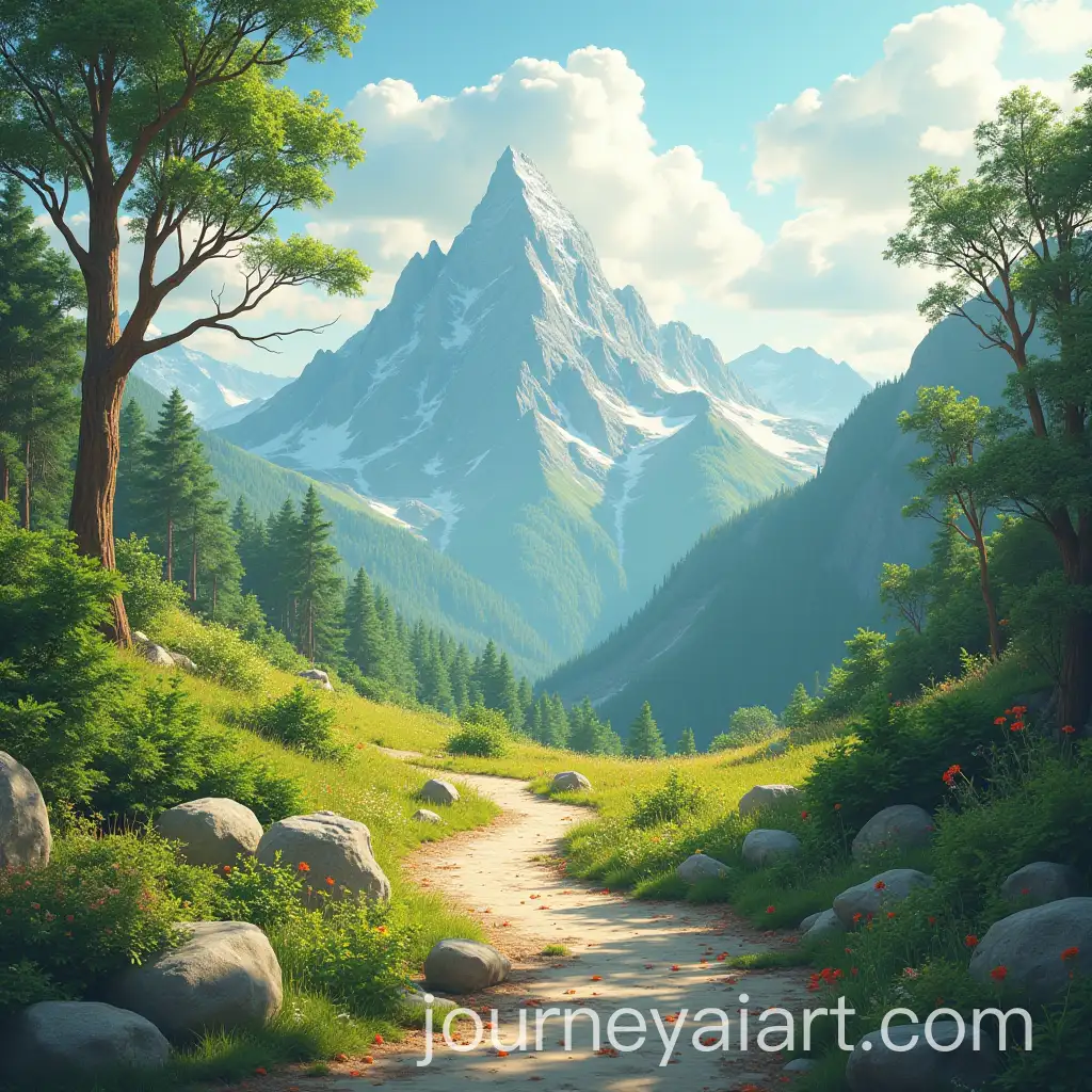 Cheerful-World-with-Lush-Plants-and-Majestic-Mountains