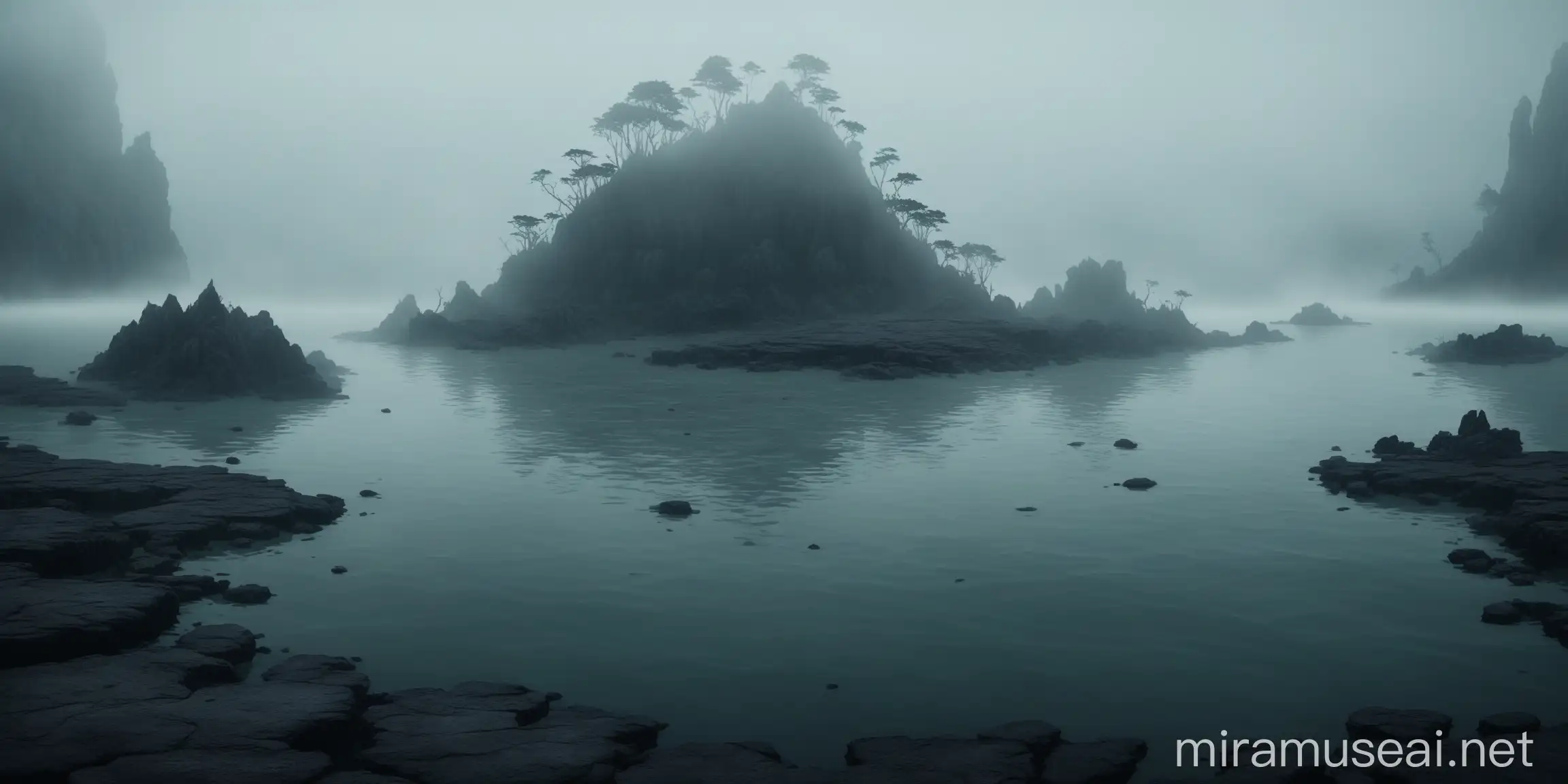 Spooky Island with Rocky Coast and Foggy Atmosphere