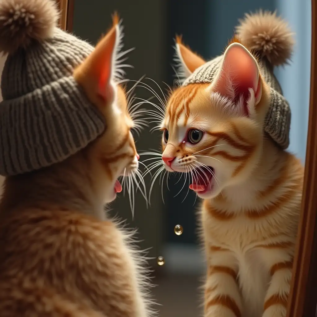 ginger nice real kitten in knitted hat looking in the mirror and growls. drool flows from mouth. on the mirror splashes of drool