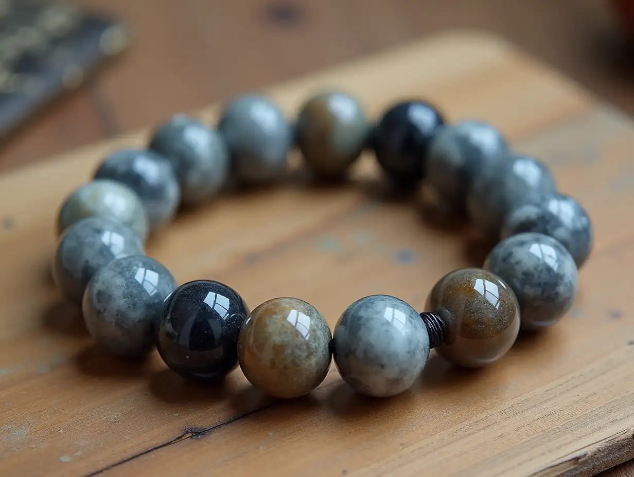 Customized rounded crystal bracelet designed by Chinese astrology, using gray translucent crystals for a spider cave theme, varied crystal colors, complete bracelet shown with no visible string, wooden desktop background, minimal distractions, slight depth of field to highlight crystals while preserving their color details.