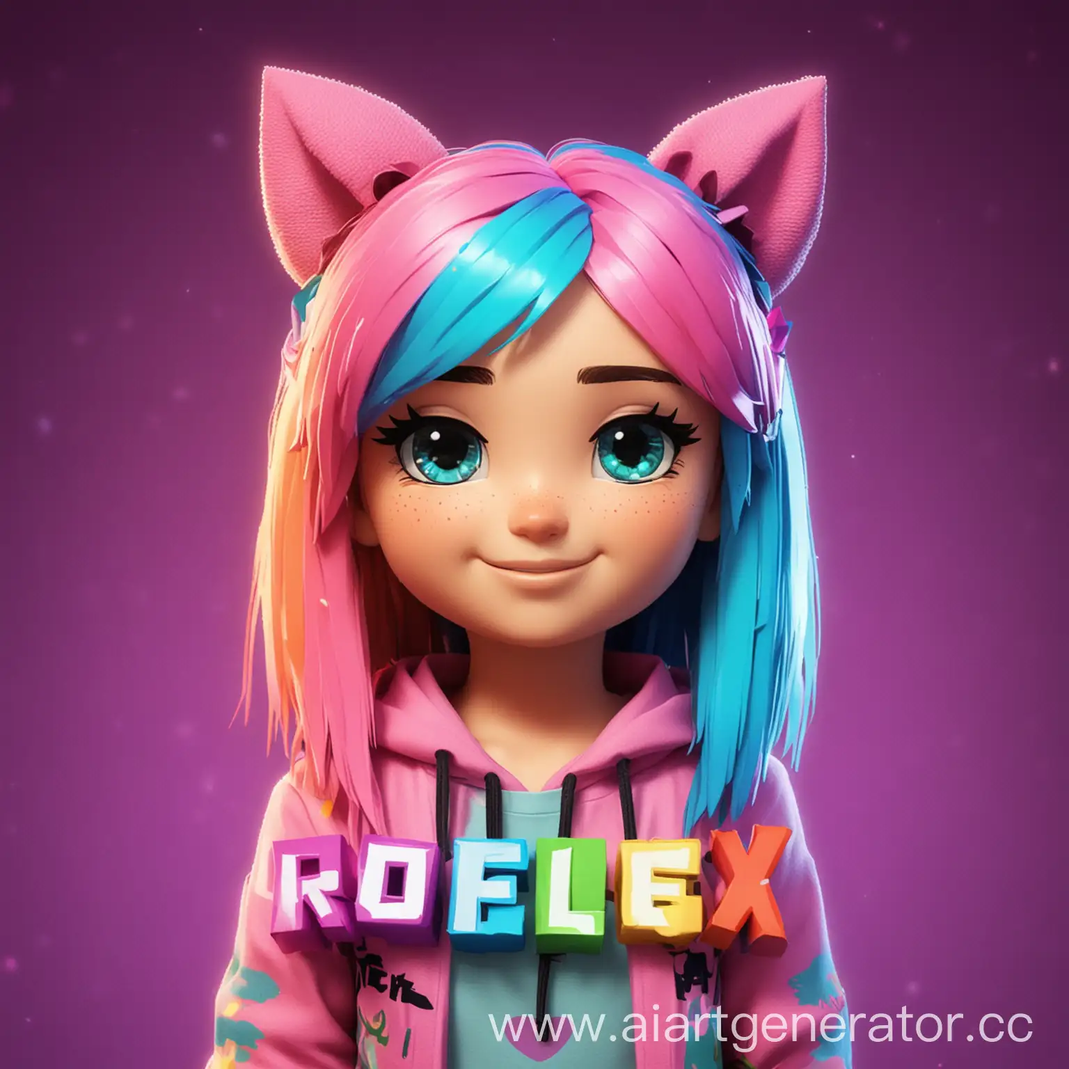 Generate an avatar for likee with a Roblox character on a colorful background and with the inscription "Roblox roffles"