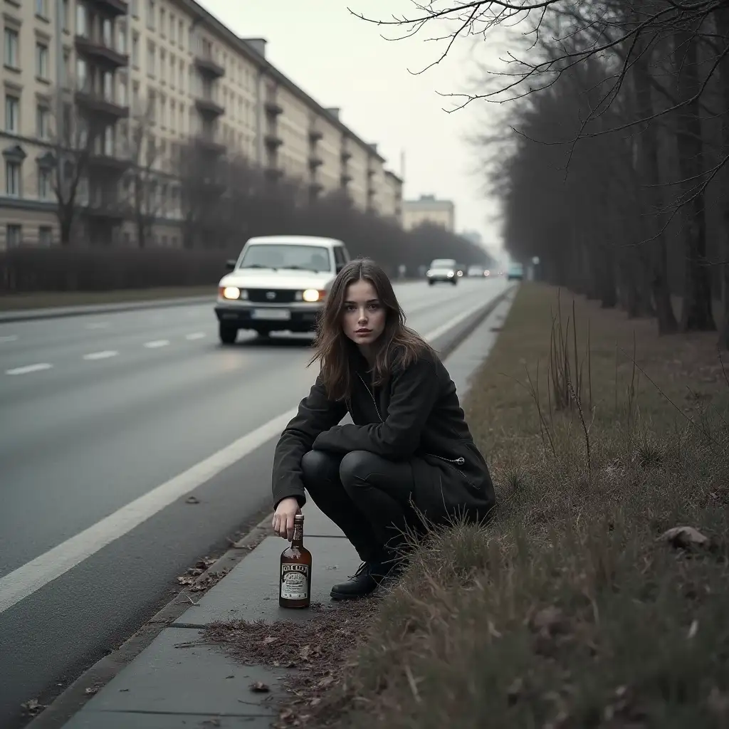 young slavic woman crouching in the bushes on the side of a sidewalk next to a soviet apartment block with a bottle of vodka in her hand as seen from outside of a car on the road