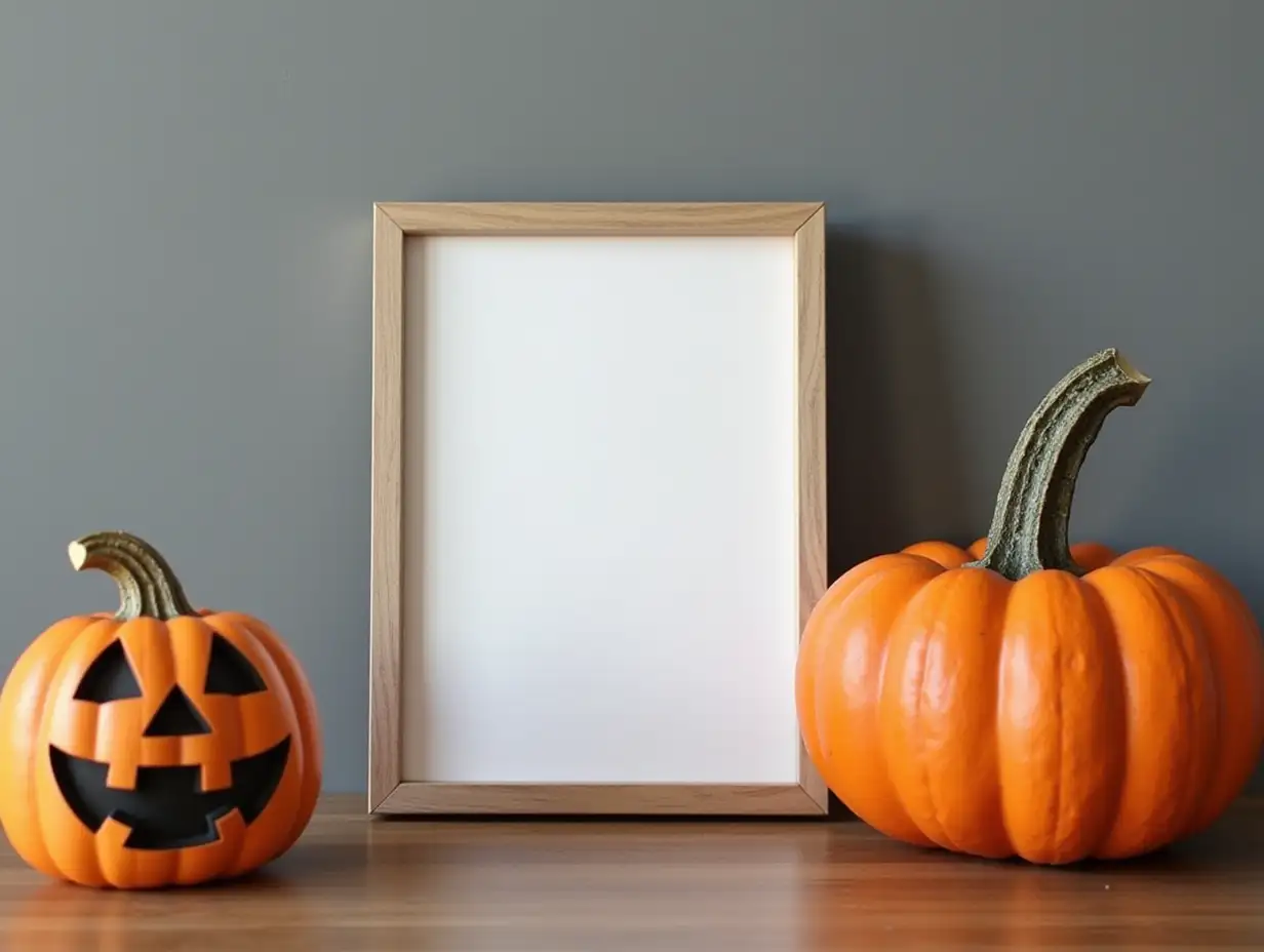 An empty vertical frame for mockup stands on the table near the jack o lantern pumpkin. Grey wall background. Halloween decor.