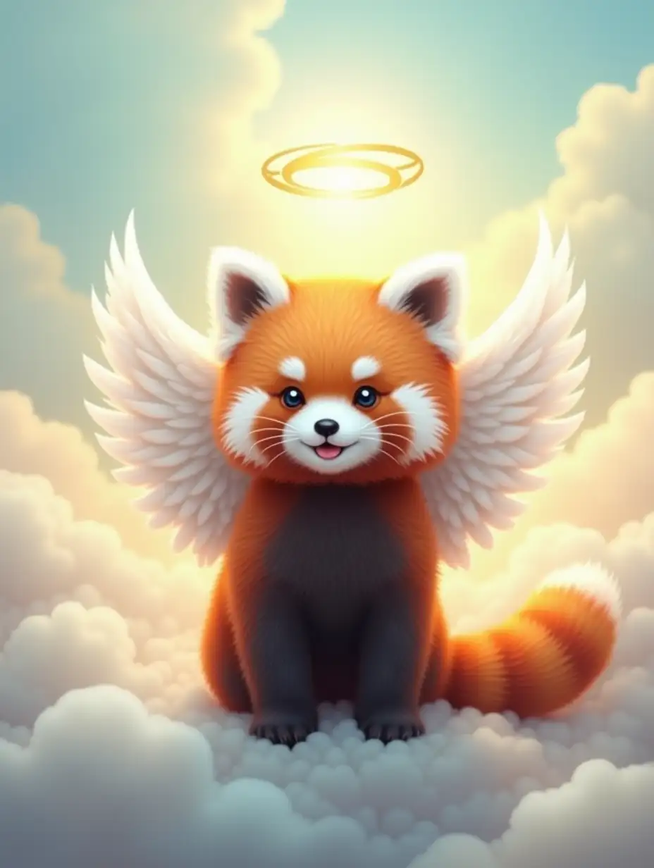 A small red panda with angelic wings and a glowing halo hovering above its head, radiating happiness and innocence. The red panda has a fluffy fur coat with vibrant reddish-brown tones, contrasting with the soft white and ethereal blue hues of its angelic wings. The background is a serene, dreamy landscape filled with soft clouds and gentle pastel colors, enhancing the whimsical atmosphere. The panda has a joyful expression, with bright, sparkling eyes that convey a sense of wonder and contentment. Sunlight filters through the clouds, casting a warm glow on the scene and highlighting the panda's adorable features. The image captures the essence of innocence and joy, creating a magical feel that draws the viewer into a delightful fantasy world. Additional elements such as fluffy clouds, gentle rays of light, and a subtle rainbow in the background can be included to enrich the atmosphere of this enchanting visual.