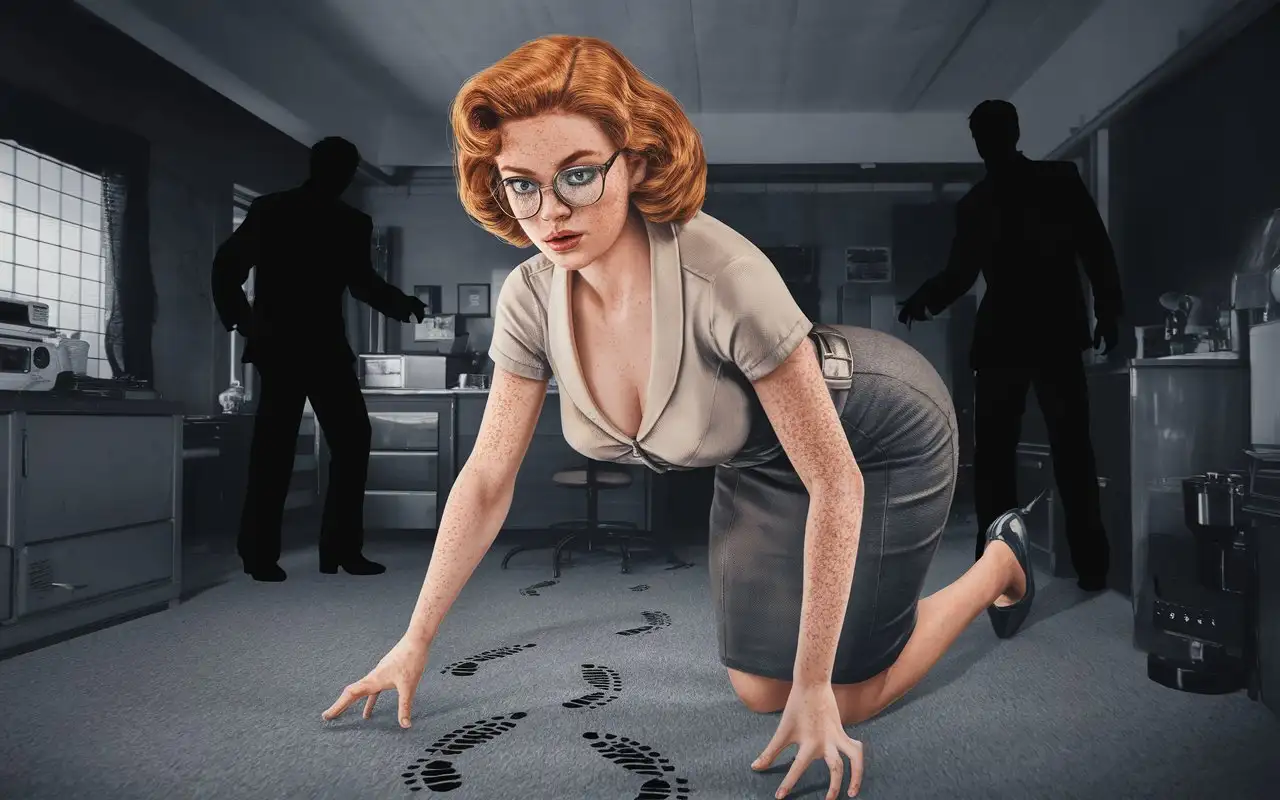 a scene from a detective noire movie: view from floor level looking up, a young woman is checking the floor of a cluttered apartment for evidence, unaware of a looming male figure behind her holding a bat, photorealistic full body view of a young, short, shapely, ginger woman carefully examining foot prints on the floor, she is dressed in a short sleeved blouse buttoned up, pencil skirt and pumps, slender but well endowed, natural pale ginger complexion, freckled arms and shoulders, grey eyes, youthful supermodel face, cute, glasses, tight cleavage, curly hair, very busty, hourglass figure, background very dark, roomy, sillhouettes of a looming male attacke behind her back. cluttered 1950s apartment