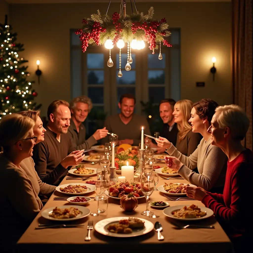 A large family with relatives at the Christmas table, served with food and beautiful dishes are celebrating Christmas