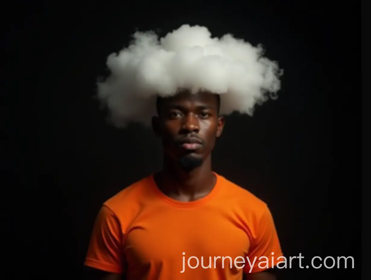 Realistic-Portrait-of-Black-Person-in-Orange-TShirt-with-Cloud-Overhead-on-Black-Background
