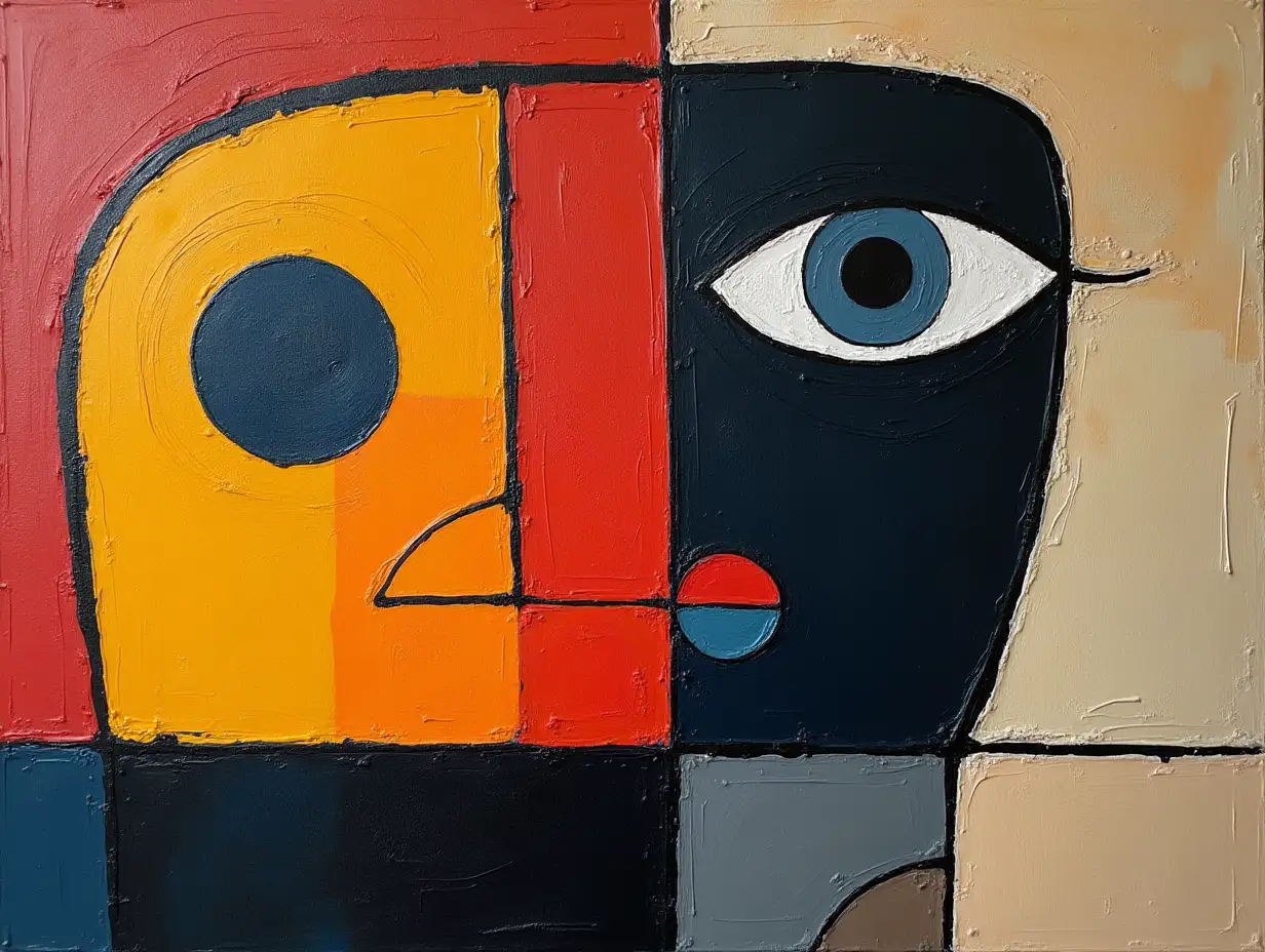A picture in a grid, line, primitively schematic minimalism, avant-garde, face, huge looming eye, darkness in the style of Kandinsky, Malevich, minimalism, simplify for a beginning artist with acrylic many colors, constructivism abstract