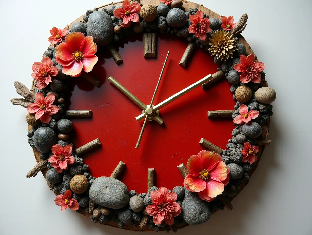 Clock made of resin mixed with wood, stones with flowers, red black, gold