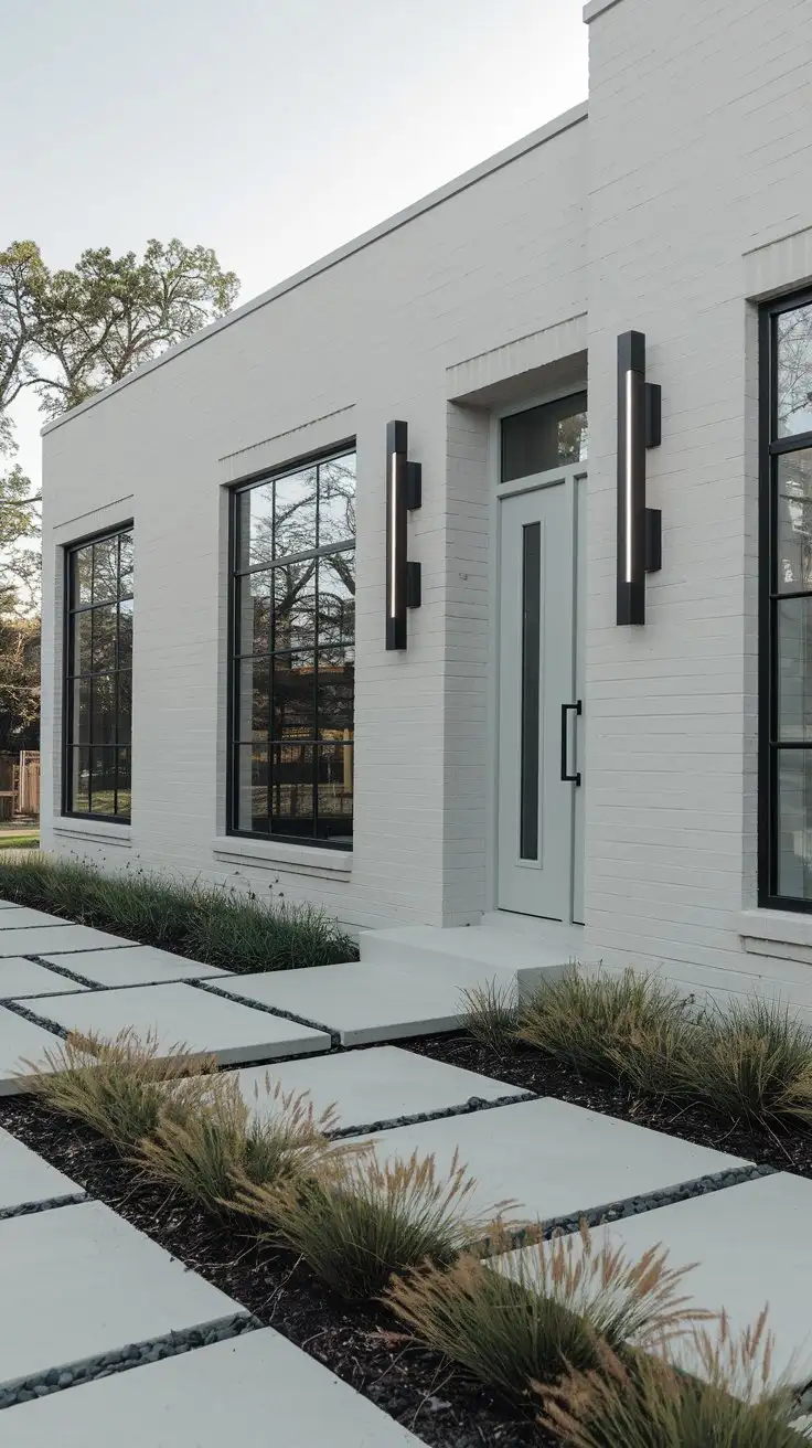 A stylish, ground-level, daytime exterior shot of a modern brick house with painted brick. The brick is painted in a chic, soft grey color, providing a smooth, contemporary look. Minimalist landscaping features ornamental grasses and clean lines. Sleek, modern black lighting fixtures flank the front door, which is painted in a bold teal color. Large windows with dark frames enhance the modern aesthetic.  Bright overcast day, soft diffused light. Realistic, high-definition, detailed painted brick texture, architectural photography, 8k --ar 16:9 --zoom 1.3