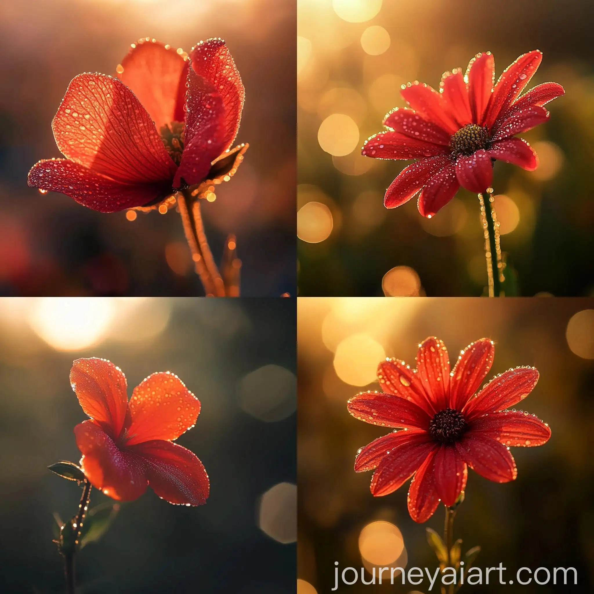 Vibrant-Red-Flower-at-Sunrise-with-Dew-Drops-and-Bokeh