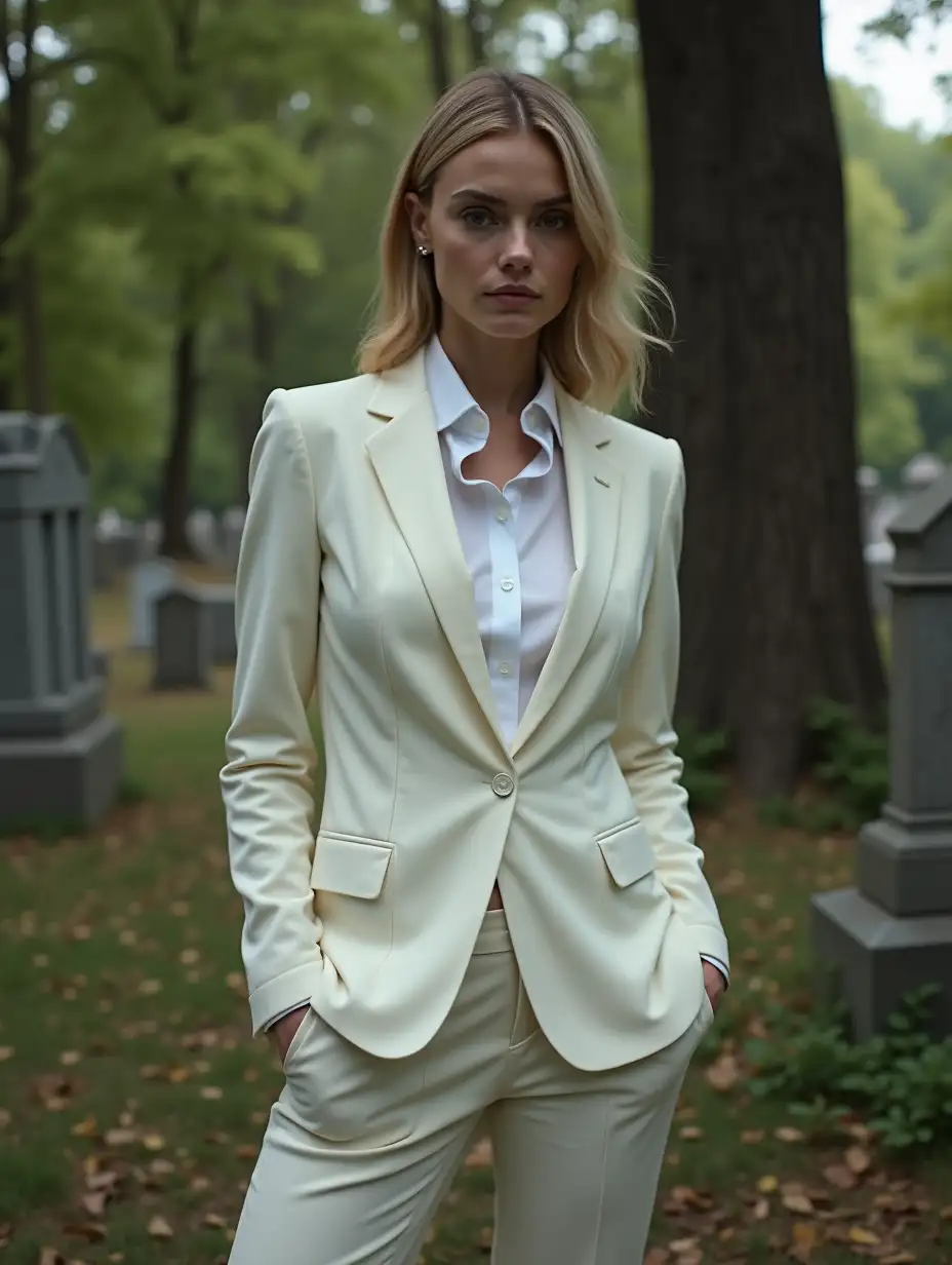 Teagan-Croft-in-Graveyard-Wearing-Iconic-Sharp-Tailored-White-Suit