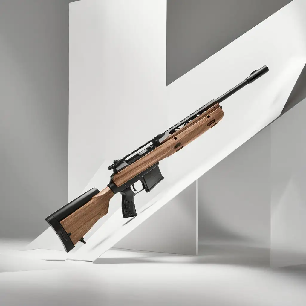 Image of a modern rifle with sleek wooden accents, positioned against a clean white background without shadows or distractions. The background is entirely white, emphasizing the minimalist presentation. The wooden details are subtly integrated and finely crafted, enhancing the rifle's contemporary appearance. The rifle is prominently displayed, highlighting its sleek design and refined details.
