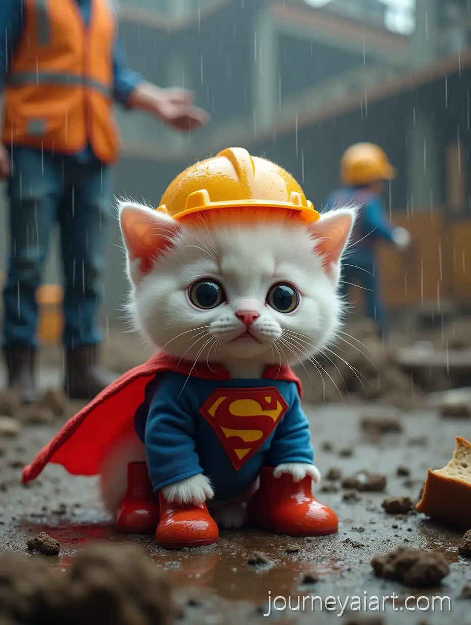 Fluffy-White-Kitten-in-Superman-CostumeKitten-in-construction-site-at-Construction-Site-with-Worker-Giving-Bread